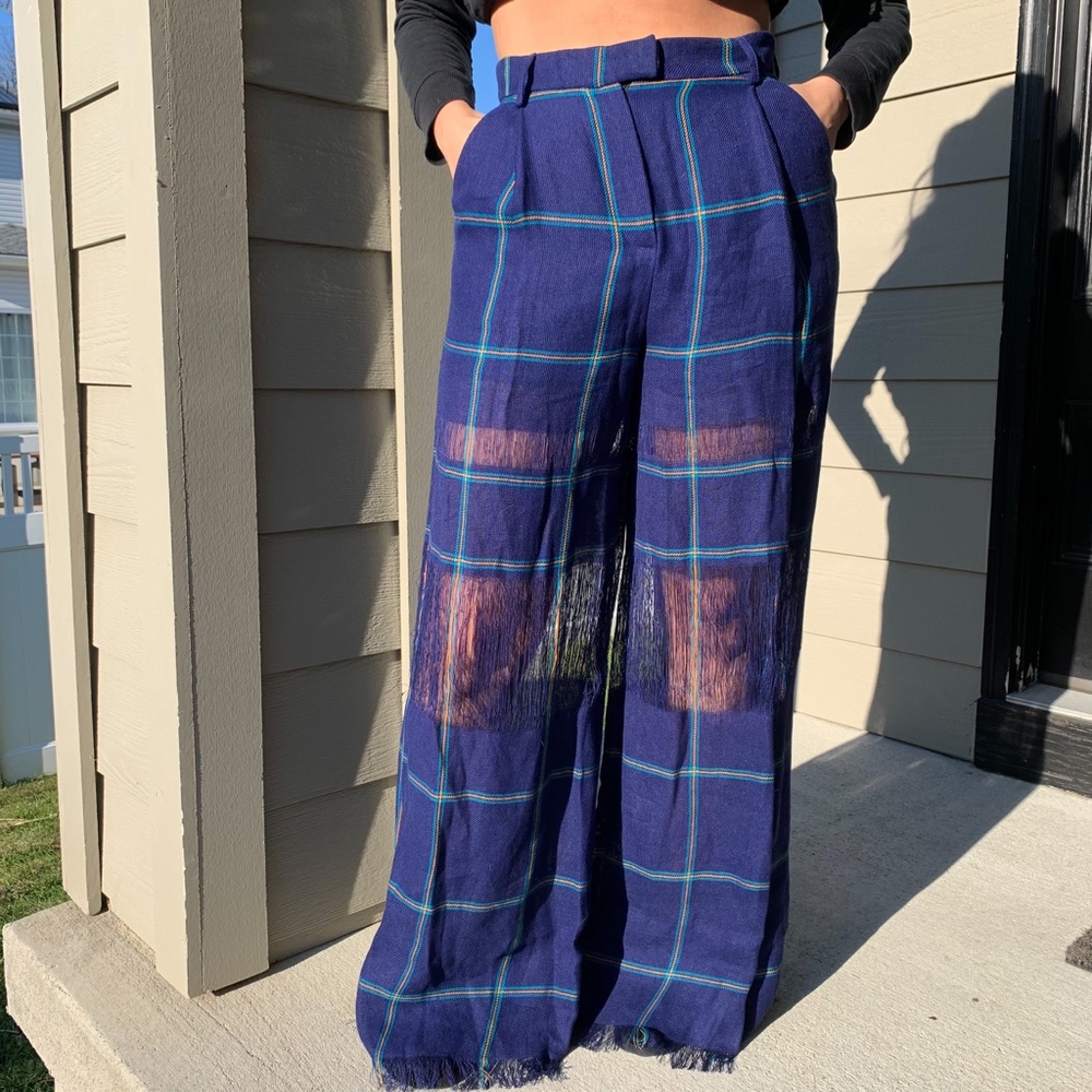 MSGM Milano Blue Plaid Fringe Wide Leg Pan…